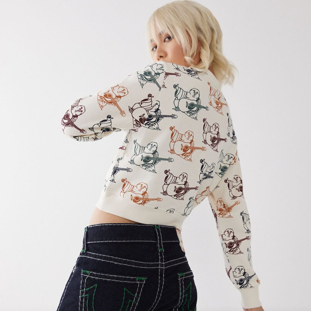 NWT True Religion Jeans All Over Buddha Print Crop Sweatshirt XL - Picture 2 of 2